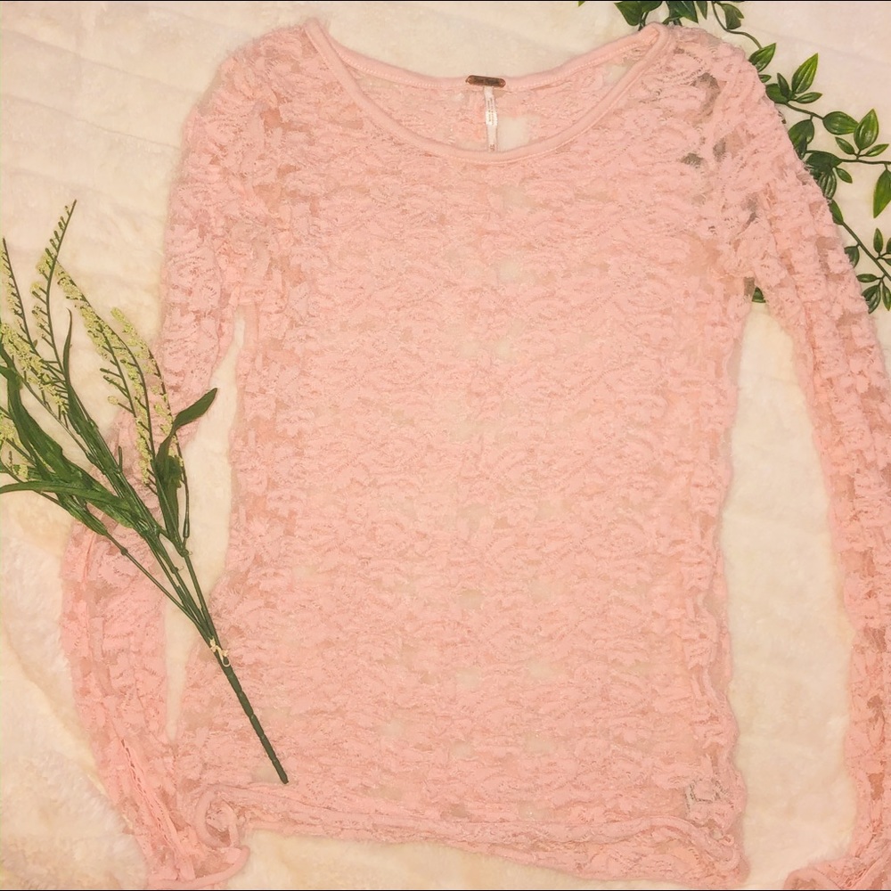 Free People mesh sheer pink lace top